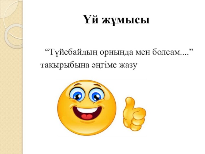 Үй жұмысы  “Түйебайдың орнында мен болсам....” тақырыбына әңгіме жазу