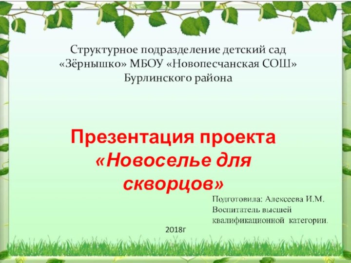 Структурное подразделение детский сад «Зёрнышко» МБОУ «Новопесчанская СОШ»Бурлинского района Презентация проекта«Новоселье для скворцов»2018г