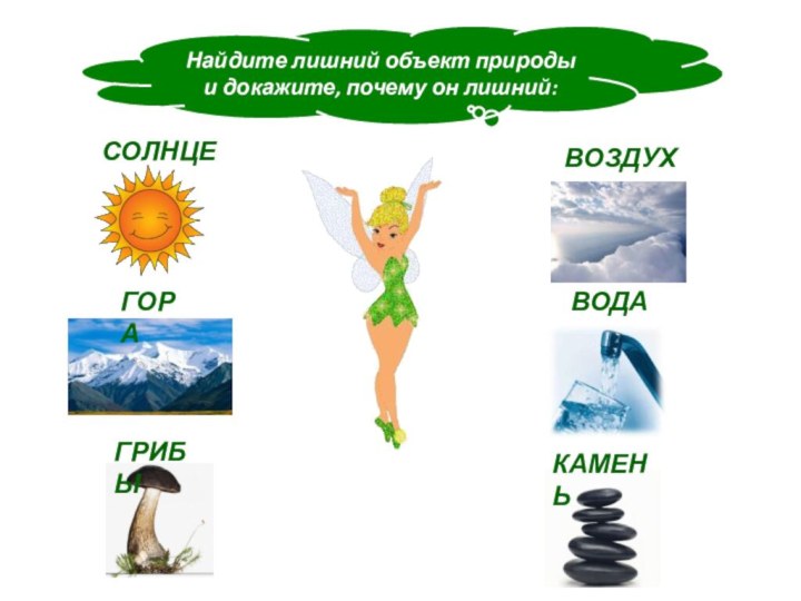 Найдите лишний объект природы и докажите, почему он лишний:СОЛНЦЕВОЗДУХВОДАГОРАГРИБЫКАМЕНЬ