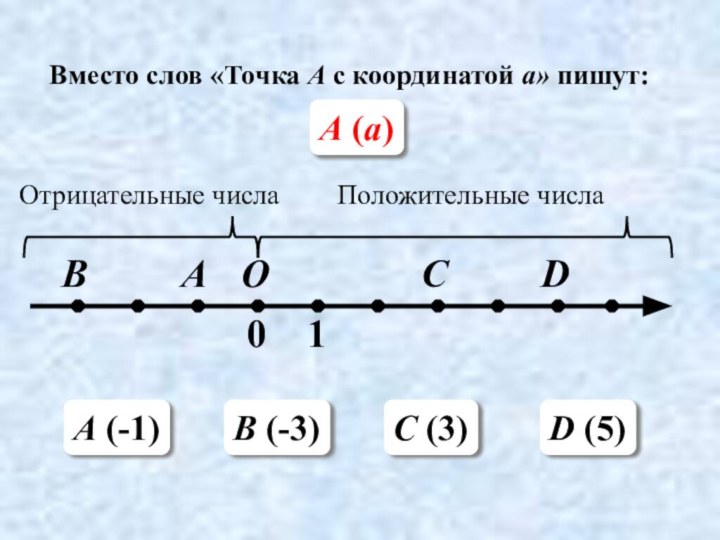 Вместо слов «Точка А с координатой а» пишут:А (а)A (-1)B (-3)C (3)D (5)Положительные числаОтрицательные числа