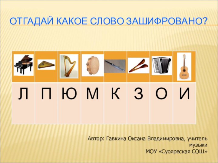 ОТГАДАЙ КАКОЕ СЛОВО ЗАШИФРОВАНО?Автор: Гавкина Оксана Владимировна, учитель музыкиМОУ «Суоярвская СОШ»