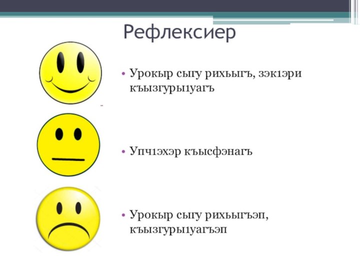 Рефлексиер Урокыр сыгу рихьыгъ, зэк1эри къызгуры1уагъУпч1эхэр къысфэнагъУрокыр сыгу рихьыгъэп, къызгуры1уагъэп