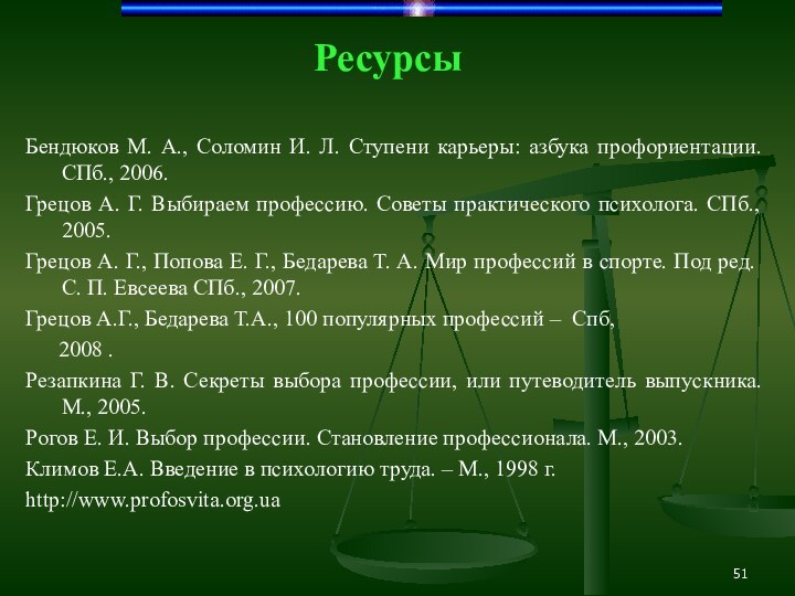 Бендюков М. А., Соломин И. Л. Ступени карьеры: азбука профориентации. СПб., 2006.Грецов