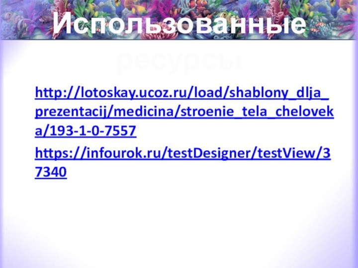 Использованные ресурсыhttp://lotoskay.ucoz.ru/load/shablony_dlja_prezentacij/medicina/stroenie_tela_cheloveka/193-1-0-7557https://infourok.ru/testDesigner/testView/37340