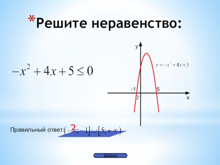 Решите неравенство:?-1Правильный ответ:5Закрыть