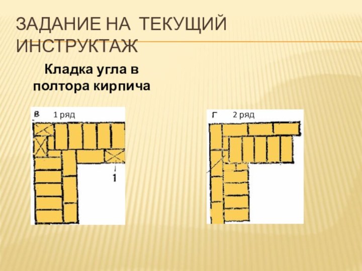 Задание на текущий инструктажКладка угла в полтора кирпича 1 ряд2 ряд