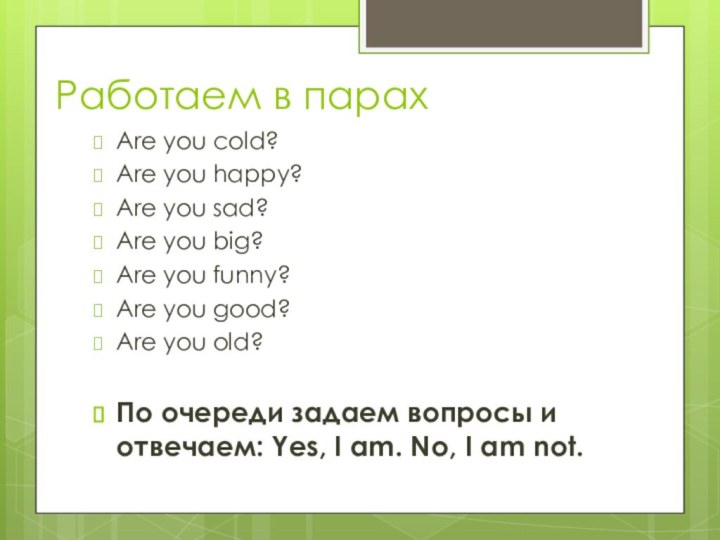 Работаем в парахAre you cold?Are you happy?Are you sad?Are you big?Are you