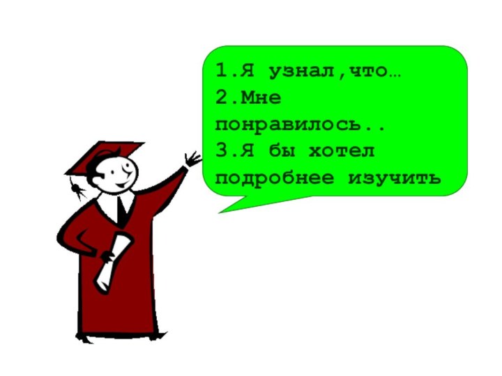 1.Я узнал,что…2.Мне понравилось..3.Я бы хотел подробнее изучить