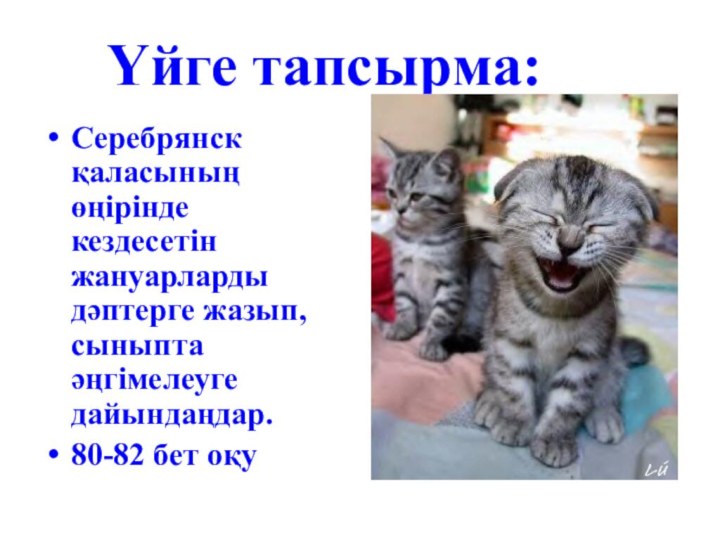 Үйге тапсырма:Серебрянск қаласының өңірінде кездесетін жануарларды дәптерге жазып, сыныпта әңгімелеуге дайындаңдар.80-82 бет оқу