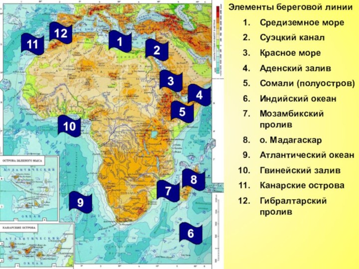 Элементы береговой линииСредиземное мореСуэцкий каналКрасное мореАденский заливСомали (полуостров)Индийский океанМозамбикский проливо. МадагаскарАтлантический океанГвинейский заливКанарские островаГибралтарский пролив923467811011125