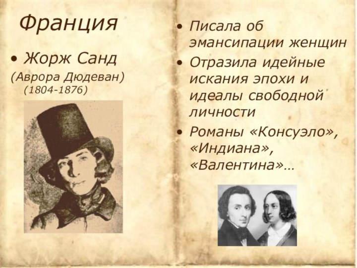 Корина Илона ВикторовнаФранцияЖорж Санд(Аврора Дюдеван)   (1804-1876)Писала об эмансипации женщинОтразила идейные