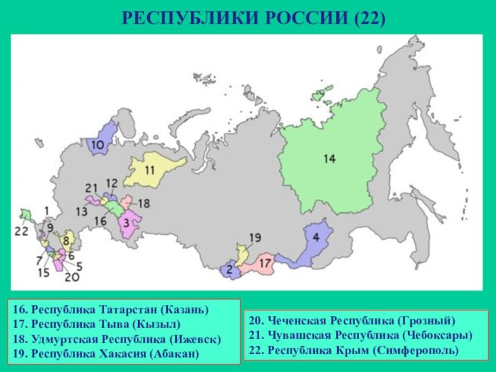 РЕСПУБЛИКИ РОССИИ (22)16. Республика Татарстан (Казань)17. Республика Тыва (Кызыл)18. Удмуртская Республика (Ижевск)19. Республика Хакасия (Абакан)20. Чеченская