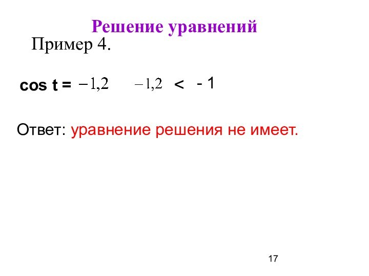 Решение уравненийПример 4.cos t =Ответ: уравнение решения не имеет.