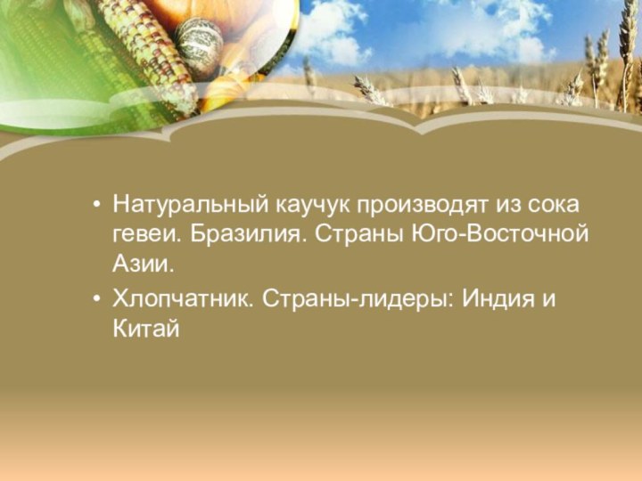 Натуральный каучук производят из сока гевеи. Бразилия. Страны Юго-Восточной Азии.Хлопчатник. Страны-лидеры: Индия и Китай