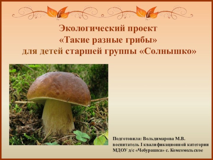 Экологический проект«Такие разные грибы» для детей старшей группы «Солнышко»Подготовила: Вольдимарова М.В.воспитатель I