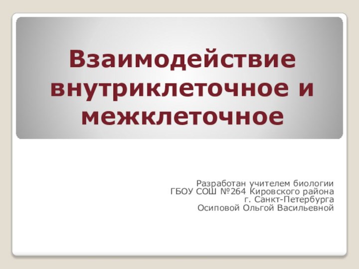 Взаимодействие внутриклеточное и межклеточноеРазработан учителем биологииГБОУ СОШ №264 Кировского районаг. Санкт-ПетербургаОсиповой Ольгой Васильевной