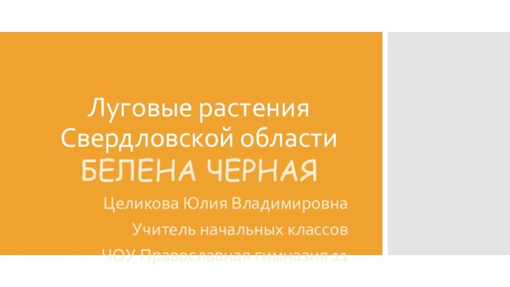 Луговые растения Свердловской областиБЕЛЕНА ЧЕРНАЯЦеликова Юлия ВладимировнаУчитель начальных классовЧОУ Православная гимназия 11