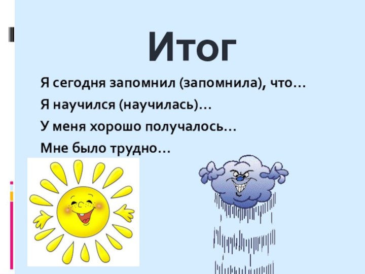 ИтогЯ сегодня запомнил (запомнила), что…Я научился (научилась)…У меня хорошо получалось…Мне было трудно…