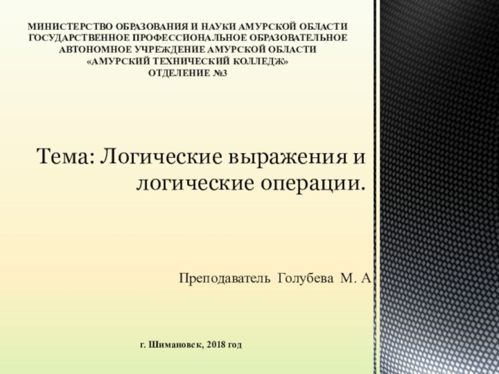 Тема: Логические выражения и  логические операции. МИНИСТЕРСТВО ОБРАЗОВАНИЯ И НАУКИ АМУРСКОЙ