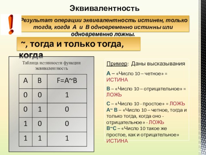 ~, тогда и только тогда, когдаЭквивалентностьРезультат операции эквивалентность истинен, только тогда,