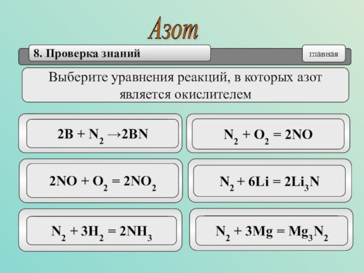 Азот главнаяВыберите уравнения реакций, в которых азот является окислителемN2 + O2 =