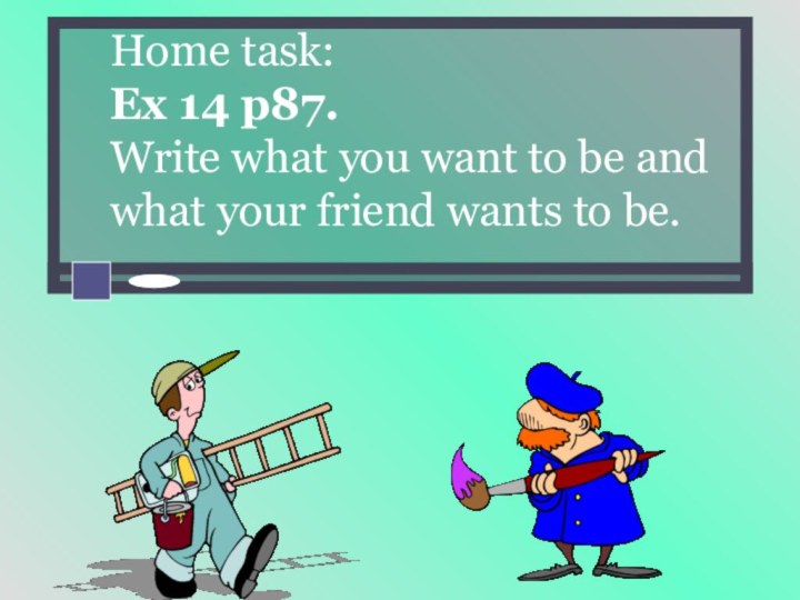 Home task:Ex 14 p87.Write what you want to be and what your