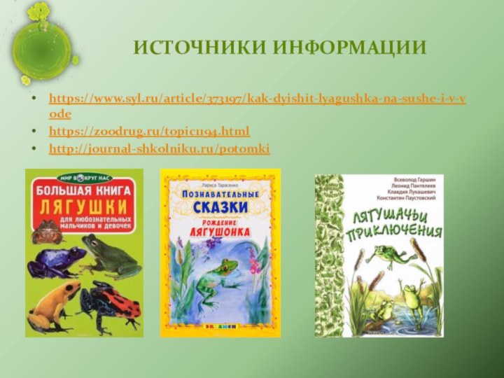 Источники информацииhttps://www.syl.ru/article/373197/kak-dyishit-lyagushka-na-sushe-i-v-vodehttps://zoodrug.ru/topic1194.htmlhttp://journal-shkolniku.ru/potomki