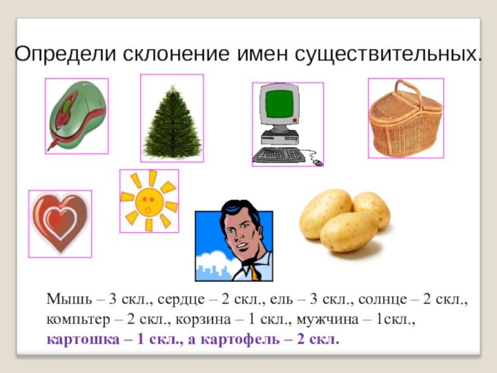 Определи склонение имен существительных.Мышь – 3 скл., сердце – 2 скл., ель