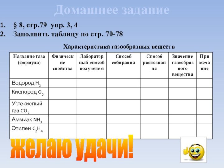 Домашнее задание § 8, стр.79 упр. 3, 4Заполнить таблицу по стр. 70-78 желаю удачи!Характеристика газообразных веществ