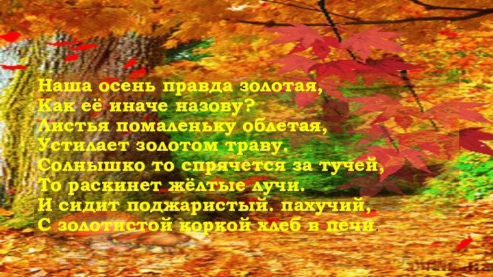 Наша осень правда золотая, Как её иначе назову? Листья помаленьку облетая,