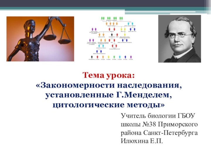 Тема урока:«Закономерности наследования, установленные Г.Менделем, цитологические методы»Учитель биологии ГБОУ школы №38 Приморского района Санкт-ПетербургаИлюхина Е.П.