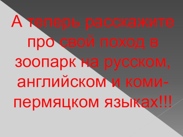 А теперь расскажите про свой поход в зоопарк на русском, английском и коми-пермяцком языках!!!