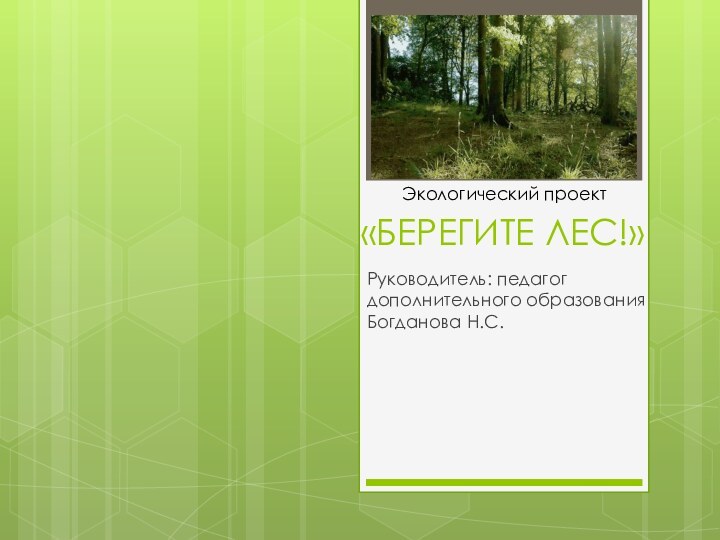 «БЕРЕГИТЕ ЛЕС!»Руководитель: педагог дополнительного образования Богданова Н.С. Экологический проект