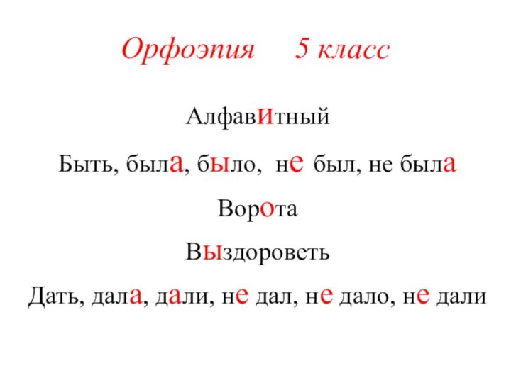 Орфоэпия   5 классАлфавитныйБыть, была, было, не был, не былаВоротаВыздороветьДать, дала,