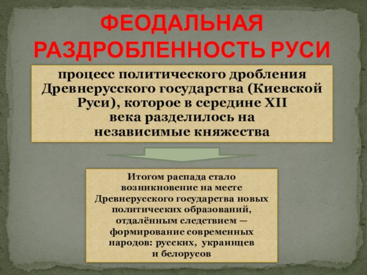 процесс политического дробления Древнерусского государства (Киевской Руси), которое в середине XII века разделилось на