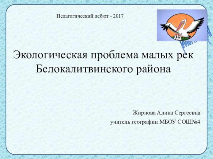 Экологическая проблема малых рек Белокалитвинского района Жирнова Алина Сергеевнаучитель географии МБОУ СОШ№4Педагогический дебют - 2017