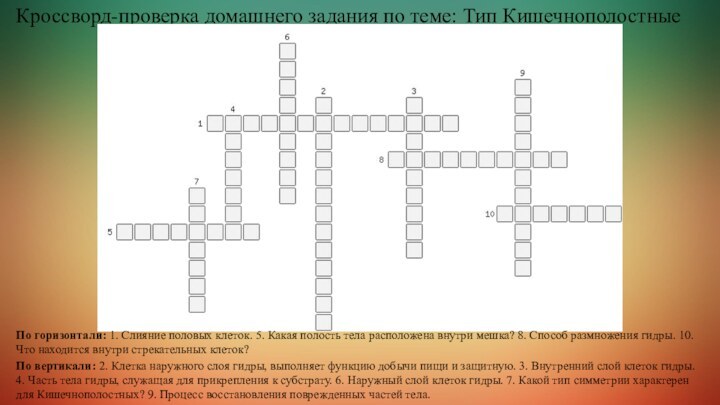 Кроссворд-проверка домашнего задания по теме: Тип КишечнополостныеПо горизонтали: 1. Слияние половых клеток.