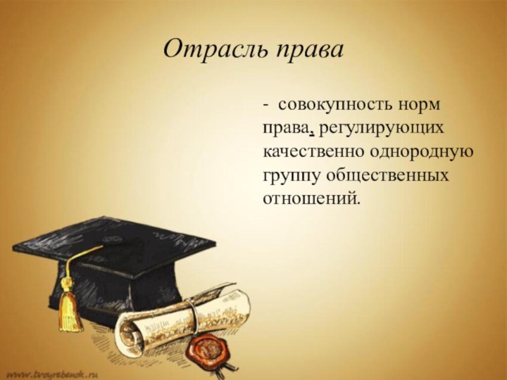 Отрасль права-  совокупность норм права, регулирующих качественно однородную группу общественных отношений.