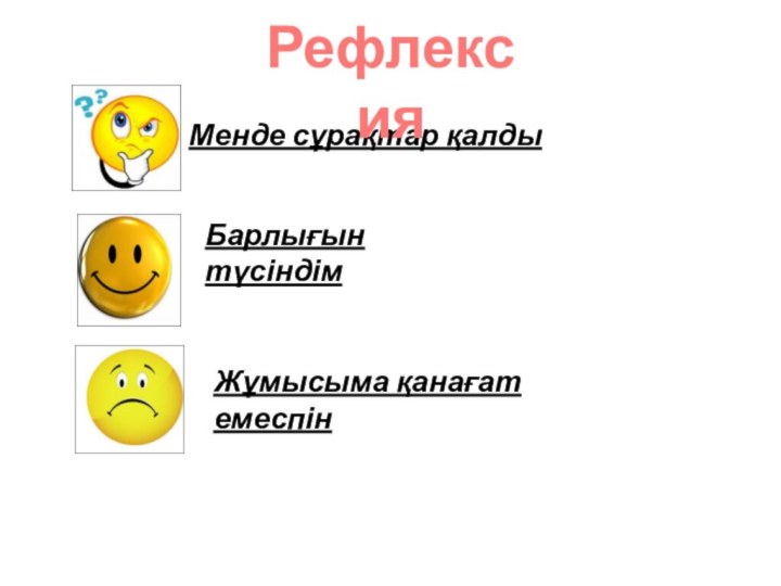 Менде сұрақтар қалдыБарлығын түсіндімЖұмысыма қанағат емеспінРефлексия