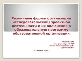 Презентация Различные формы организации исследовательской/проектной деятельности и их включение в образовательную программу образовательной организации (материал к выступлению)