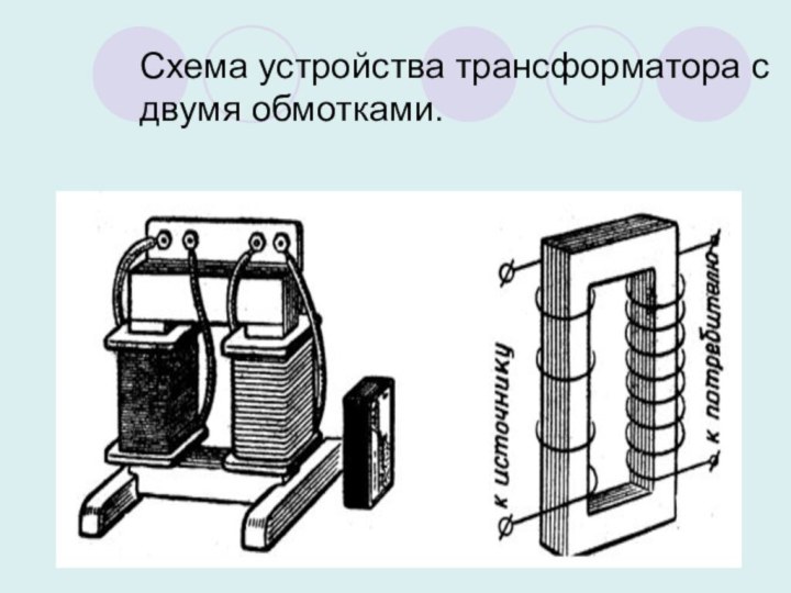 Схема устройства трансформатора с двумя обмотками.