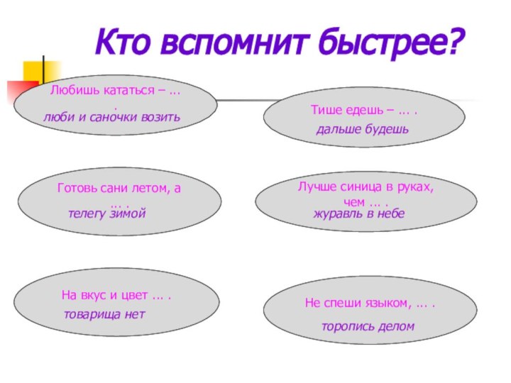 Кто вспомнит быстрее? Любишь кататься – ... . Тише едешь – ...