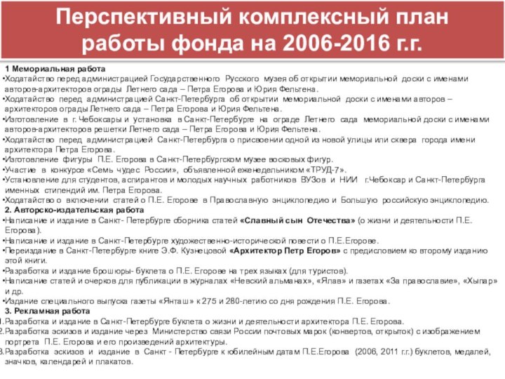 1 Мемориальная работаХодатайство перед администрацией Государственного Русского музея об открытии мемориальной