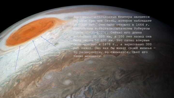 Достопримечательностью Юпитера является Большое Красное Пятно, которое наблюдают уже 300 лет. Оно