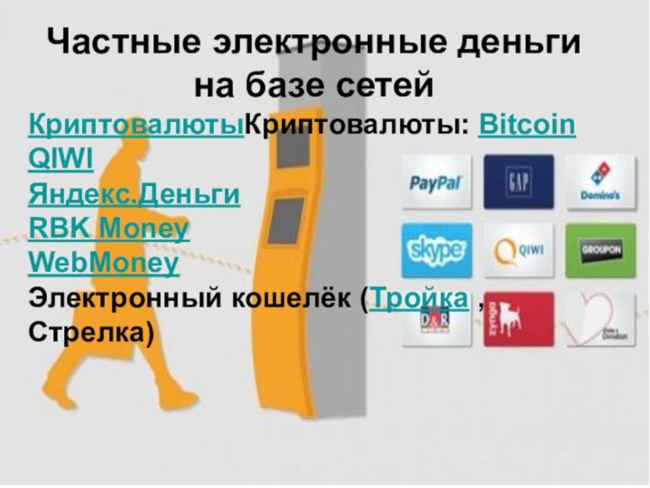 Частные электронные деньги на базе сетейКриптовалютыКриптовалюты: Bitcoin QIWI Яндекс.Деньги RBK Money WebMoneyЭлектронный кошелёк (Тройка , Стрелка)