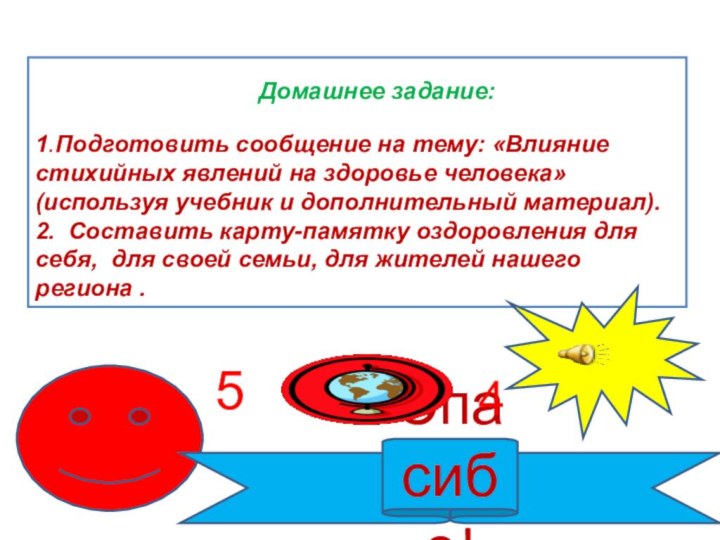 Домашнее задание:1.Подготовить сообщение на тему: «Влияние стихийных явлений на