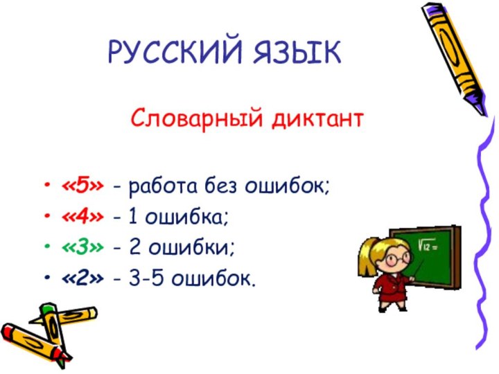 РУССКИЙ ЯЗЫКСловарный диктант«5» - работа без ошибок;«4» - 1 ошибка;«3» - 2 ошибки;«2» - 3-5 ошибок.