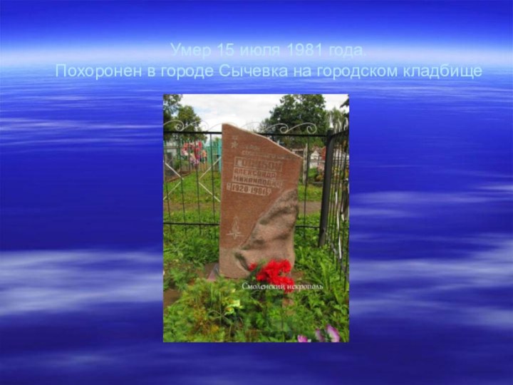Умер 15 июля 1981 года.  Похоронен в городе Сычевка на городском кладбище