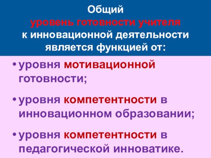 Общий уровень готовности учителя к инновационной деятельности является функцией от:уровня мотивационной готовности;уровня