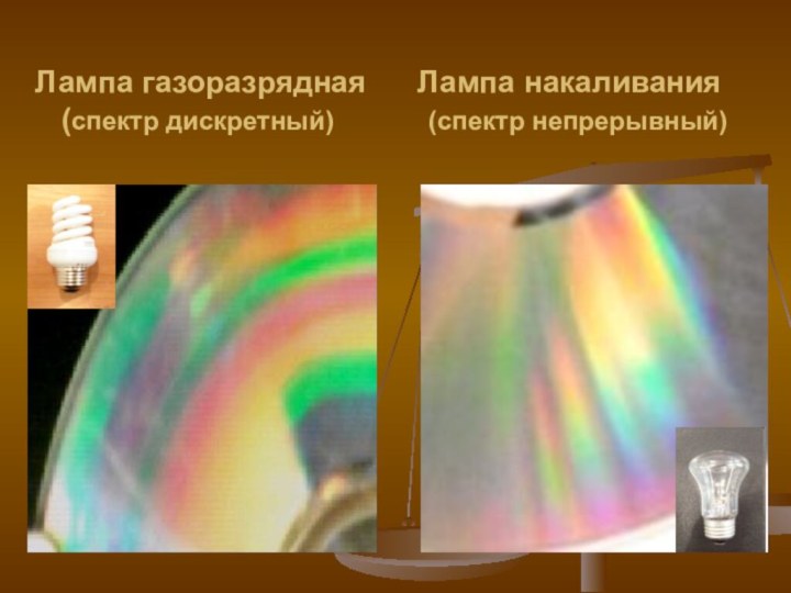 Лампа газоразрядная  Лампа накаливания  (спектр дискретный)    (спектр непрерывный)